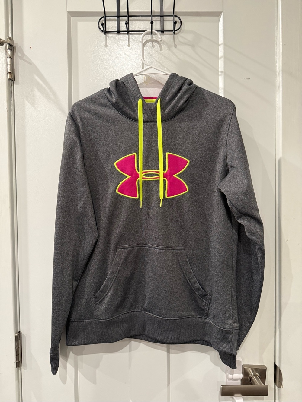 Under Armour Charcoal Gray Hoodie with Pink Logo and Neon Yellow Drawstrings